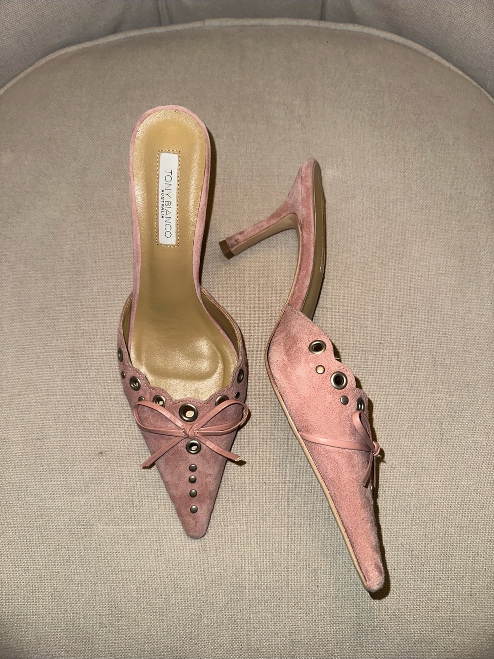 Tony Bianco Pink Suede Pointed Toe Mule Heels with Eyelet Bow